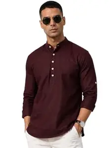 Majestic Man Men's Pure Cotton Solid Mandarin Collar Slim Fit Roll-Up Sleeves Short Kurta Lightweight Summer Kurta for Daily & Occasion Use