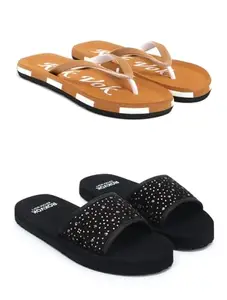Women's Summer Flip Flops and Slides Set, Tan and Black, Casual Beach Sandals with Rhinestone Details, 2 Pairs (BLACK & TAN, UK Footwear Size System, Adult, Women, Numeric, Medium, 7)