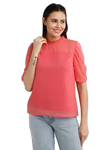 Zink London Women's Coral Solid Ruched Sleeve Top