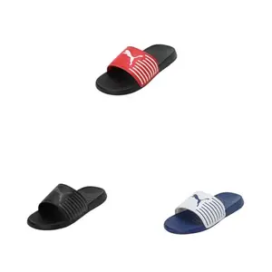 Puma unisex-adult Geo Slide Sandals in Black-Fiery Red, Black-Cool Dark Gray, and Clyde Royal-White (Size 8 UK).