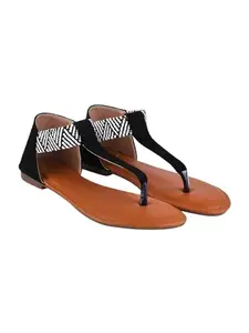 Shoetopia Women's Ethnic Style T-Strap Sandals –Black Chevron Ankle Strap Flats for Casual & Festive Comfortable & Stylish Party EU39