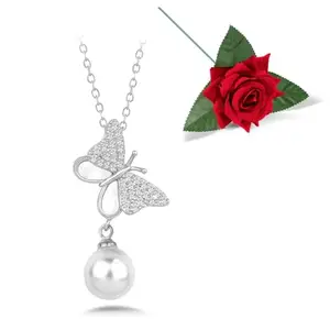 Peora Silver Plated CZ, Pearl & Mother of Pearl Studded Butterfly Shaped Pendant Chain Necklace Valentine's Day Gift for Women & Girls with Red Rose