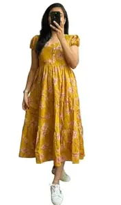 Prajapati fashion Women's Cotton Blend Maxi Midi Dress Western Dress for Women Elegant Floral Printed Long Dresses