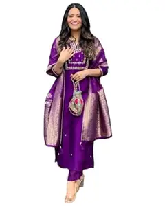 BVMStore Women's Viscose Silk Heavy Embroidered Straight Kurta With Trouser & Banarasi Jacquard Dupatta Set