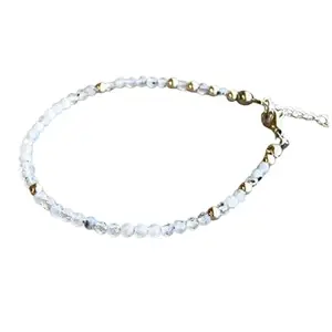 LKBEADS Silver Plated Bracelet with White Faceted Rainbow Moonstone Beads – Round 2.5-3mm – 7 inch Adjustable – For Men & Women|LK_STACK_05720