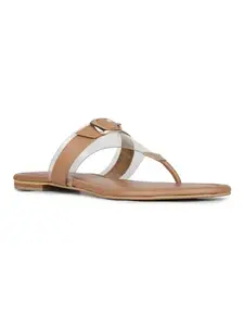 Inc.5 Womens Beige Solid T-Strap Party Wear Flat Sandals