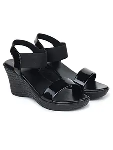 LADOO'S Women's Fashion Sandals | Faux Leather Comfortable & Stylish Wedges For Womens (LD-81-Black-4 UK)
