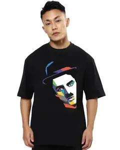 fanideaz Graphic Charlie Chaplin Print Cotton Round Neck Oversized Half Sleeve T-Shirt for Mens_Black_S