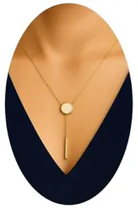 Minimalist Gold-Toned Y-Necklace with White Disc Pendant and Bar Drop, Chain Necklace for Women