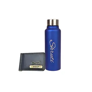 Your Gift Studio Personalized Vegan Leather Money Clip and Water Bottle | Unisex Combo with Name | Customized with Name and Charm (Blue)