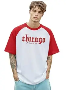 LEOTUDE Men's Half Sleeve Cottonblend Printed Colourblocked Round Neck Drop Shoulder Oversized Tshirt for Man (Color Red)