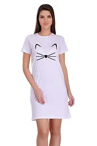 ItkiUtki Womens Cotton T-Shirt Dress Top (Cat Face) White