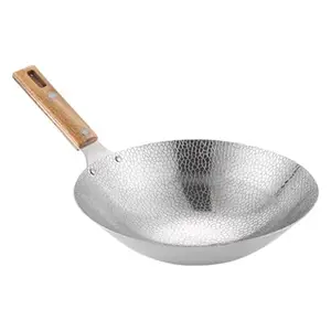 Snevad Stainless Steel Wok and Frying Pan - Round Bottom Heavy Hand Hammered Carbon Steel With Wooden and Steel Helper Handle - Non-Stick Aluminum Suitable for Various Stoves [35x24x8 CM]