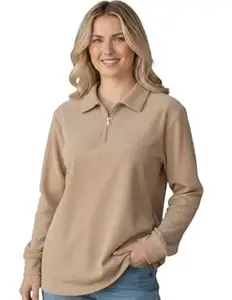 Mack Jonney Women’s Ribbed Zip Polo T-Shirt | Full Sleeve Collared Top | Camel Beige Casual Sweatshirt | Regular Fit-M7403