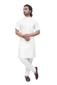 PATWA & CO.® White Half Sleeve Modi Kurta for Men – Cotton Short Sleeve Casual Kurta, Pooja & Traditional Occasions