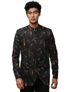 SHOWOFF Men's Mandarin Collar Printed Black Bandhgala Blazer-SOBLZ-083-4_Black_S