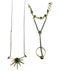 Gold-Toned Sunburst Pendant Necklace with Coordinating Slave Bracelet