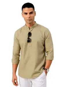 Majestic Man Men's Pure Cotton Solid Mandarin Collar Slim Fit Roll-Up Sleeves Short Kurta Lightweight Summer Kurta for Daily & Occasion Use