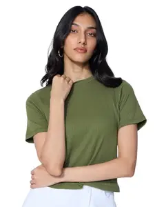 The Souled Store Ribbed T-Shirt: Olive Women and Girls Short Sleeves Round Neck Polyester Blend Regular Fit T-Shirts