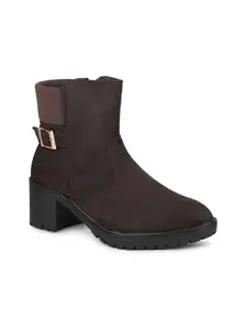 Inc.5 Women Brown Round Toe Mid-Top Suede Chelsea Heeled Boots