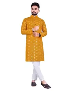 Entresto Men's Cotton Regular Fit Embroided Mirror Kurta & Payjama Set with Elegant Design for Wedding, Parties, Family Traditional Functions, Festive Occasions(Yellow_M)