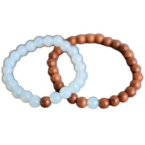 Lady Works opalite & sandalwood 8mm Round Smooth beads Long Distance Couples Love Friendship Combo Bracelet Set - Couples Relationship 7 inch Stretchable Bracelets set|LW_BRCP_235_7