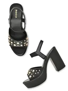 ROCIA By Regal Black Women Studded High Block Heel Sandals