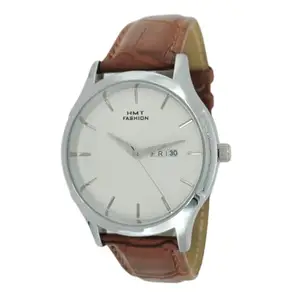 HMT FASHION White Day & Date Dial Display Quartz Movement Brown Leather Band Watch for Men's, Formal Boy's Watches