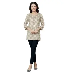 Women's Casual 3/4 Sleeves Printed Rayon Short Top (Beige, XL)-PID47623