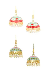 OOMPH Jewellery Combo of 2 Red & Mint Green Pink Meenakari Enamel Minimal Floral Jhumka Earrings For Women & Girls Stylish Latest (EHC58EHC28_Z)- For Women & Girls Stylish Latest