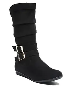 Bruno Manetti Women's Black Slipon Side Zipper PU Belt with Buckle Round Toes Calf Length Comfort Boots