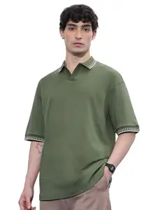 The Souled Store Oversized Polo: Olivine Men and Boys Short Sleeves Collared Neck Neck Olive Solid Cotton Oversized Polos