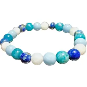 Lady Works natural apatite, lapis lazuli, moonstone & angelite 8mm round shape smooth cut beads stretchable bracelet for men & women. unisex 6.5 inch stretchable bracelet for healing, meditation, prosperity, gift & luck|LW_BRST_09994_6.5