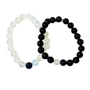Lady Works Opalite & Black Spinel 8mm Round Smooth beads Long Distance Couples Love Friendship Combo Bracelet Set - Couples Relationship 8 inch Stretchable Bracelets set|LW_BRCP_232_8