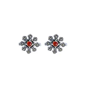 TVISVA JEWELS Silver-Plated Floral Adjustable toe Rings with Red Stone & Marcasite Detailing