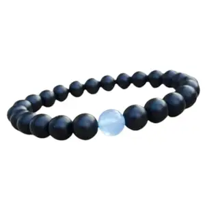 RRJEWELZ Natural Matte Black Onyx With Aqua Blue Jade Round Shape Smooth Cut 10mm Beads 7.5 inch Stretchable Bracelet for Healing, Meditation, Prosperity, Good Luck | STBR_05412