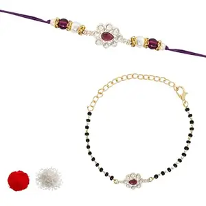 I Jewels Unisex Adult Designer Kundan Pearl Hanging Bhaiya Bhabhi Mangalsutra Bracelet Rakhi Set With Roli Chawal & Rakshabandhan Card (Style 2)