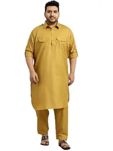 SOJANYA PLUS (Since 1958) Men's Cotton Blend Mustard Pathani Kurta Salwar Set Size-XXL