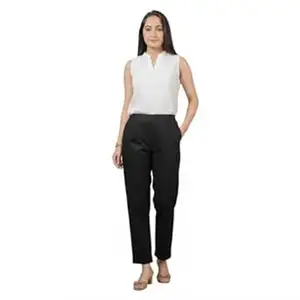 NEHEERA Women's Formal Trousers, Straight Fit Cotton Blend Cigarette Pants with Pockets for Kurtis and Tops, Size L to XXL