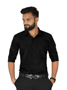Mariza Fashion_ Cotton Blend Casual Slim Fit Solid Button Down Dress Shirt for Men Color Black Size M