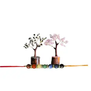 Enchanting Krystals Soulwise Rakhi Gift for Brother – Rose Quartz & Pyrite Crystal Tree Set with Wooden Base (6") + Designer 7 Chakra Healing Stone Rakhi – Raksha Bandhan Special Combo Gift.