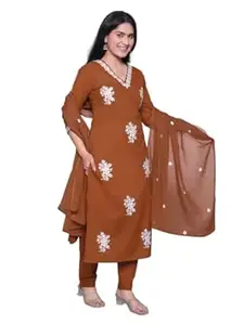 Cotton Embroidered Kurti Set with Pant and Dupatta, Traditional Indian Ethnic Wear, 3 Piece Suit