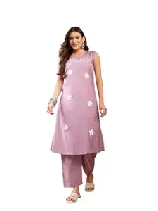 Stylum Women's Solid & Embroidered Poly Silk A-line Kurta Pant Set