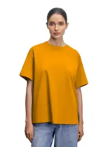LEOTUDE Half Sleeve Cottonblend Printed Womens Oversized T-Shirts (TD-GRL_FS49_Plain_Mustard_P_Mustard1_2XL)
