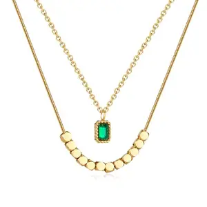 VIEN Fashion Jewelry Double layered Square Zircon Pendant Necklace Non Tarnish Gold-plated Plated Stainless Steel Layered