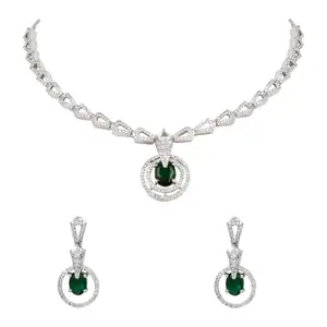 I Jewels Silver Plated Cubic Zirconia American Diamond Necklace & Earrings Jewellery Set for Women (Silver Green)
