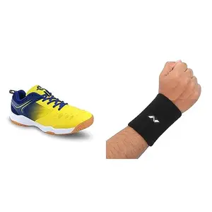 Nivia HY-Court 2.0 Badminton Shoe for Mens (Yellow/Blue) Size - UK-11 Wrist Band WB01 (L, Black)