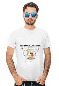 Men’s White Graphic T-Shirt – No Music No Life Cartoon Print Cotton Casual Tee | Casual Cotton Tee (in, Alpha, M, Regular)