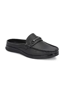 AADI Men's Black Synthetic Leathe Half Back Open Backless Comfortable Clogs, Slip On Casual Shoes Mules