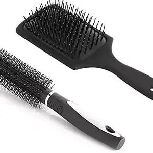 Khelni Combo of Round Rolling Curling Roller Comb Hair Brush (Colour May Vary) & Paddle Flat Hair Brush Comb Black For Men And Women - (Pack of 2)